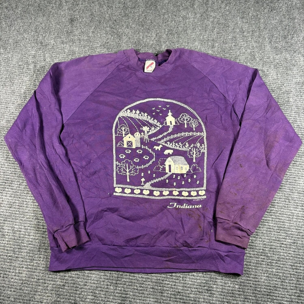 Vtg Jerzees Indiana Farm Sweatshirt Unisex XL Purple Fair Graphic Raglan USA